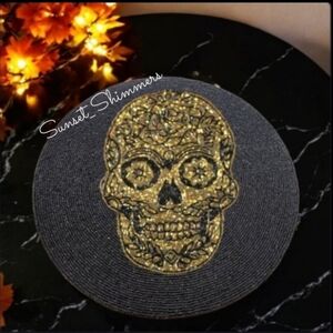 4pc Halloween Sugar Skull Sparkly Beaded Placemat Charger Set Day Of Dead New